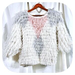 Womens VTG 90s Open Knit Super Fuzzy fluffy  Tassel Sweater Shirt Sz M